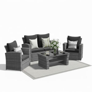 English Elm 4-piece Outdoor Wicker Conversation Set with Tempered Glass Table and Resort Style Black+Brown B082S00058