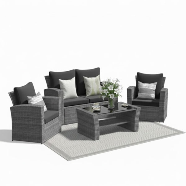 English Elm 4-piece Outdoor Wicker Conversation Set with Tempered Glass Table and Resort Style Black+Brown B082S00058