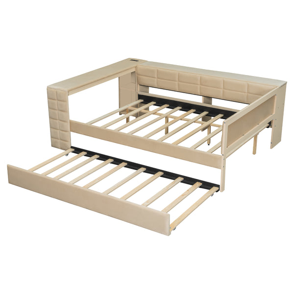 English Elm Full Size Upholstered Platform Bed With Desk, Usb Charging, Trundle & Storage Shelves In Beige Velvet N7090000604A