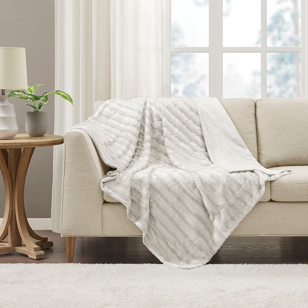 JLA Home Madison Park - Long Faux Fur Throw with Silky Micro-Fur Reverse, OEKO-TEX Certified, Lightweight Cozy 50x60 Inches Ivory MP50-454