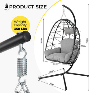 English Elm Hanging Egg Chair Pe Wicker Swing Seat with Stand Cushion for Patio or Bedroom T5880P497554