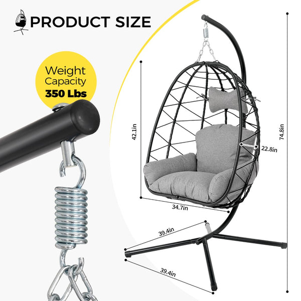 English Elm Hanging Egg Chair Pe Wicker Swing Seat with Stand Cushion for Patio or Bedroom T5880P497554