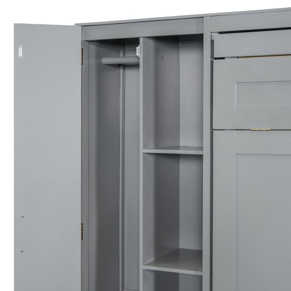 English Elm Queen Murphy Wall Bed with Led Lighting Open Shelves and Wardrobe Cabinet Storage LP000899AAE