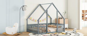English Elm Full House-Shaped Floor Bed with Fence and Guardrails, Pine Wood Play Loft for Imaginative Kids Retreat Grey W504P143293