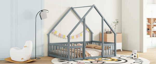 English Elm Full House-Shaped Floor Bed with Fence and Guardrails, Pine Wood Play Loft for Imaginative Kids Retreat Grey W504P143293