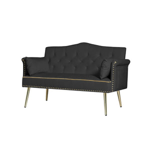 English Elm Black Velvet Tufted Two Seater Sofa with Metal Legs for Studio and Small Living Spaces Black W3985P401360