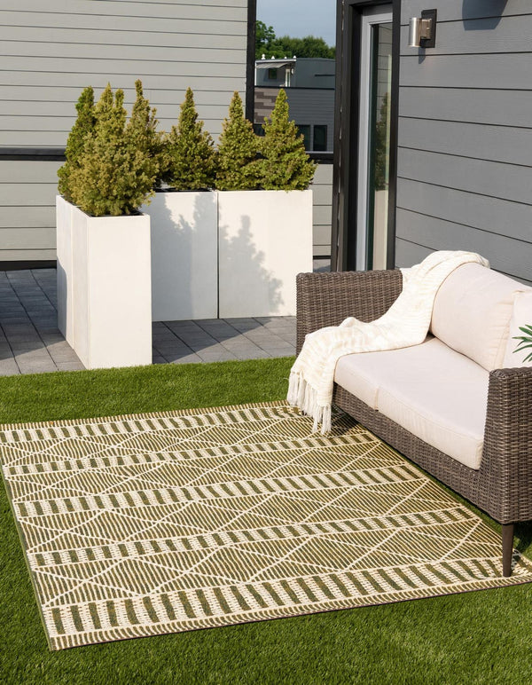Unique Loom Outdoor Trellis Dalyan Machine Made Striped Rug Green, Ivory 10' 0" x 12' 2"
