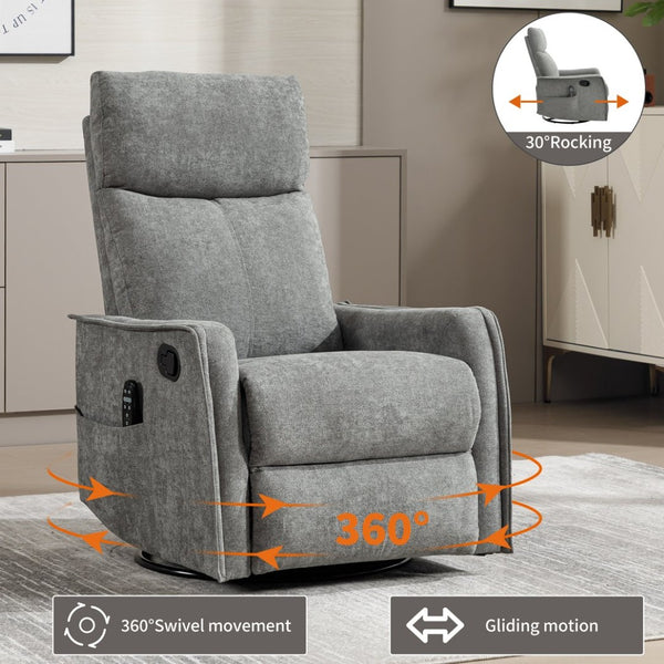 English Elm Heat Massage Rocker Swivel Recliner Fabric Chair with Lumbar Therapy for Living Room Grey W1803P362293