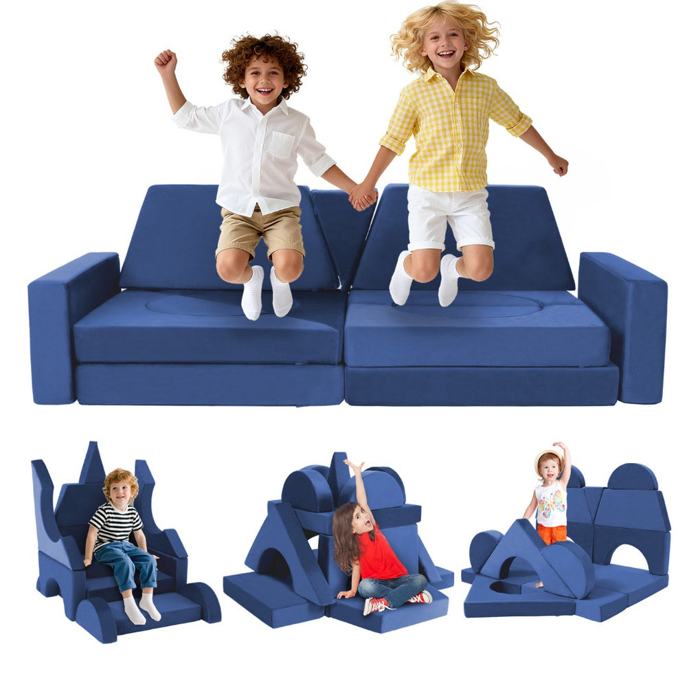 English Elm 14pcs Modular Foam Play Couch Set Convertible Toddler Fort Builder for Playrooms Blue T5880P493446