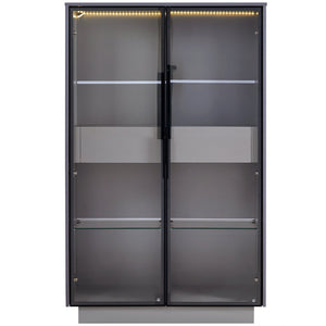 English Elm 60.6'' Contemporary Display Cabinet with LED Lighting, Tempered Glass Doors, Adjustable Shelves & Drawers - Grey, Modern Freestanding Storage for Living Room, Office, Kitchen N845P261799E