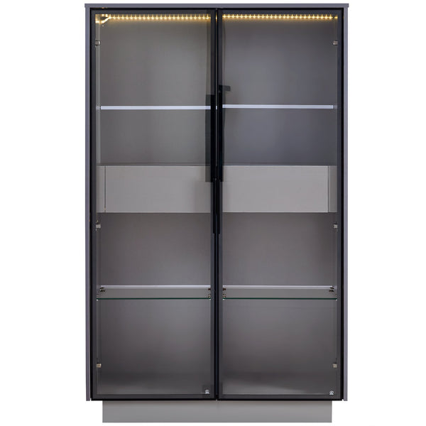 English Elm 60.6'' Contemporary Display Cabinet with LED Lighting, Tempered Glass Doors, Adjustable Shelves & Drawers - Grey, Modern Freestanding Storage for Living Room, Office, Kitchen N845P261799E