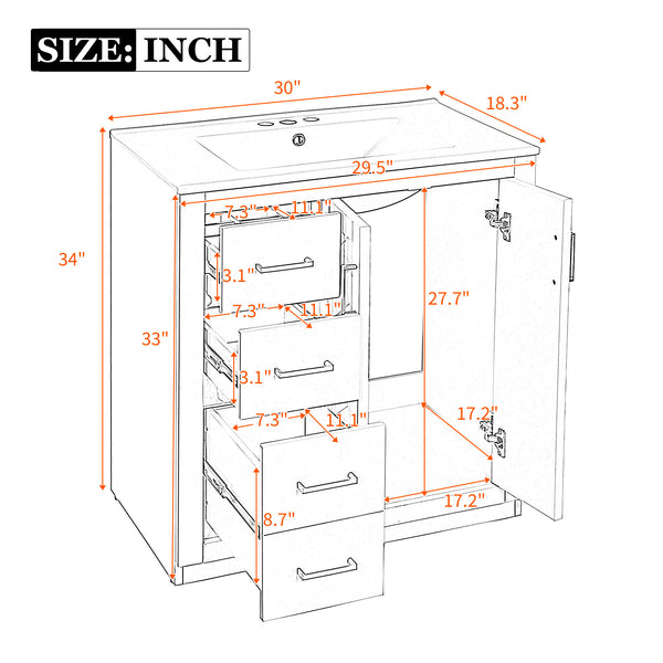 English Elm 30'' Stylish Bathroom Vanity Set With Ceramic Sink, Soft-Close Doors, Solid Wood Frame & Modern Design N710P191970M