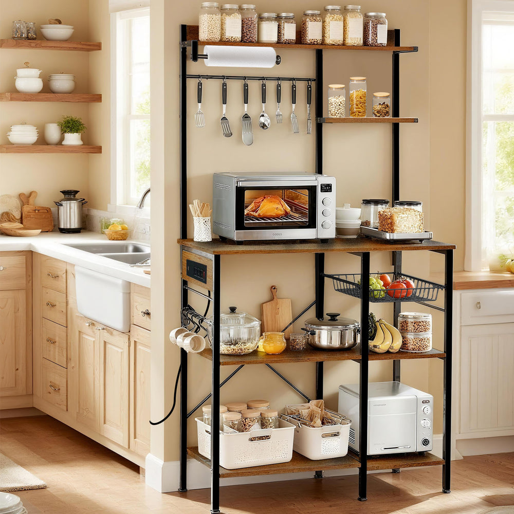 English Elm Bakers Rack with Power Outlet & USB, Microwave Stand with Pull-Out Basket, Coffee Bar Organizer W3204P354195