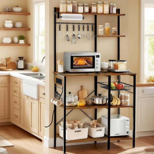 English Elm Bakers Rack with Power Outlet & USB, Microwave Stand with Pull-Out Basket, Coffee Bar Organizer W3204P354195
