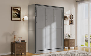 English Elm Rotating Queen Murphy Wall Bed with 14 Open Shelves Hydraulic Lift Space Saving Gray LP000962AAE
