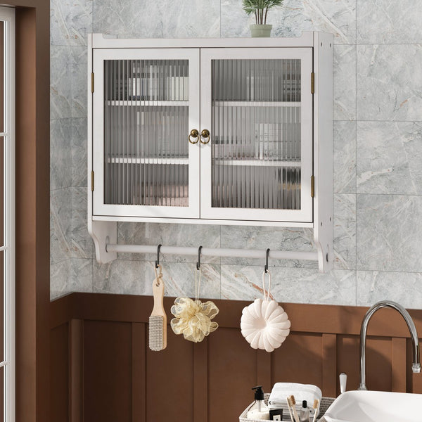 English Elm 24.8"Glass Rustic White Washed Double Door Wall Cabinet with 3 Shelves, Towel Rack, Solid Wood Storage W757P218128