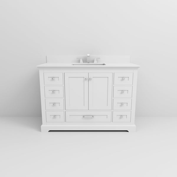 English Elm White Single Bath Vanity 48 in. W x 22 in. D with White Quartz Top, Soft-Close Storage, Chrome Faucet Set B2731P258346