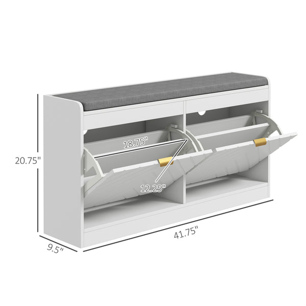 English Elm HOMCOM Modern Shoe Bench with 2 Flip Drawers, Padded Seat, Ventilation, Adjustable Dividers, White W2225P229709
