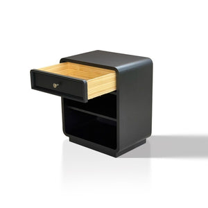 English Elm Nightstand Art Deco Matte Black Finish Antiqued Brass Hardware Open Shelf Bedroom B035P482920