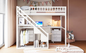 English Elm Full Size Loft Bed with Desk Drawers Led Strip and Staircase for Teen Rooms White LT000258AAK-1