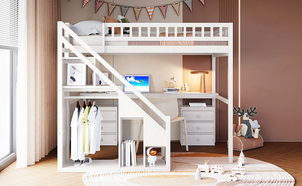 English Elm Full Size Loft Bed with Desk Drawers Led Strip and Staircase for Teen Rooms White LT000258AAK-1