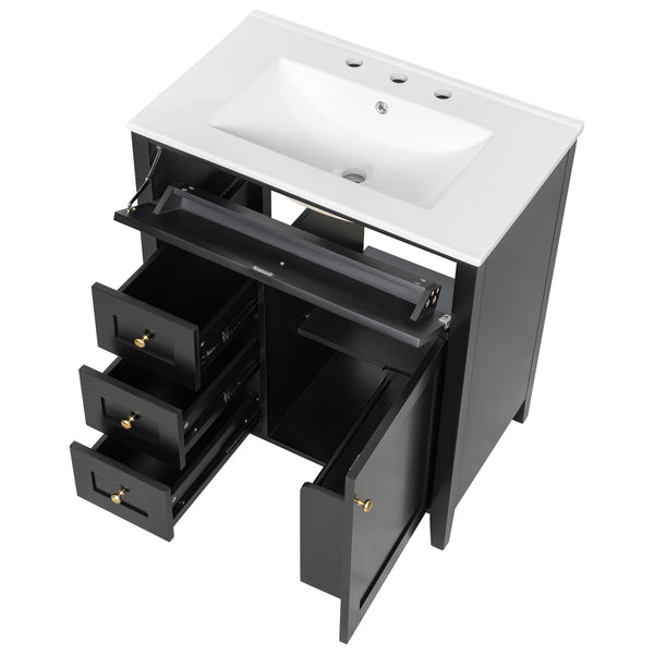 English Elm 30-Inch Contemporary Bathroom Vanity with Sink, MDF & Rubberwood, Glossy Finish, 3 Drawers + Cabinet Black N725P350819B