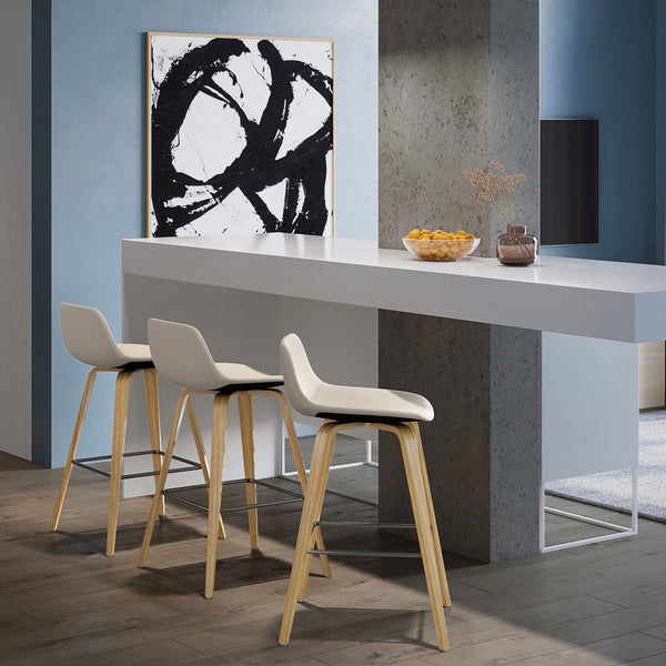 English Elm Harvard Bentwood Counter/Bar Height Stool Set of 2 – Mid-Century Natural Linen-Style Upholstered Seats, Chrome Footrest B2732P253610