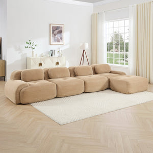 English Elm 4-seat Modular Corduroy Sectional Sofa with Curved Armrests for Living Rooms Camel W714S01244