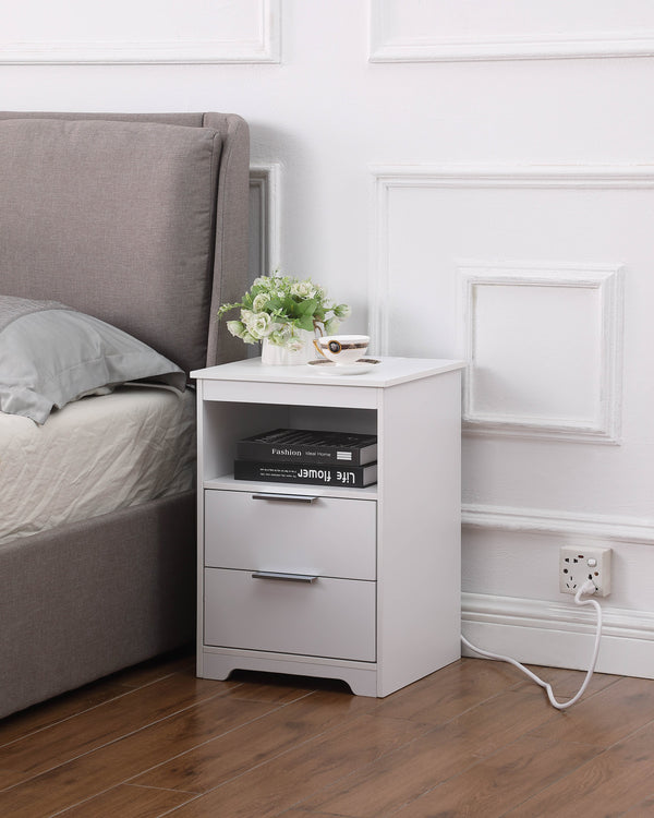 English Elm Nightstand with Drawer | 3-Tier Modern Bedside Table with Hidden Drawer, Open Shelves, Sturdy Build White 25.9 L x 16.7 W x 5.5 H W3151P345813