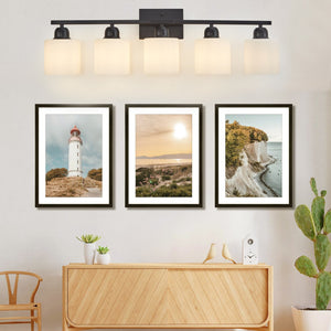 English Elm Black 5-Light Modern Vanity Light Fixture For Bathroom, Stylish Wall Sconces With Frosted Glass Shades W2312P374847