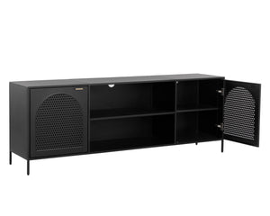 Sunpan Aziza Industrial Media Console with Brass Handles, Arched Perforated Design & Cord Management