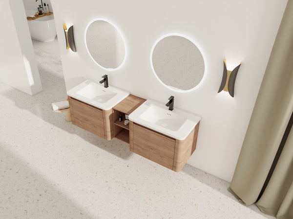 English Elm 68'' Wall-Mounted Bathroom Vanity with White Ceramic Sink, Plywood Shelves, Soft-Close Door Elegance W999S00382