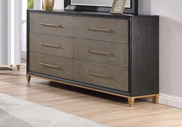 English Elm 1pc Modern Geometric Chest of Drawers with High-Gloss Finish, Sleek Hardware, Spacious Storage and Style Brown 69.13 L x 20.88 W x 40 H B2741P325733