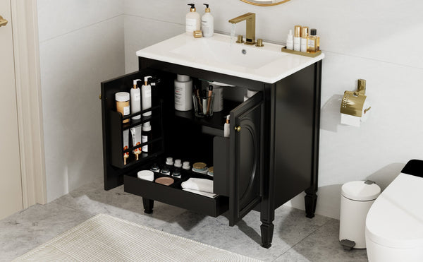 English Elm Christopher Knight Home® - 30" Bathroom Vanity with Sink Vintage Freestanding Ceramic Top Soft-Close Doors Gold Knobs, Storage Black N759P226000B