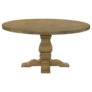 English Elm Rustic Honey Pine Pedestal Round Dining Set Seats Four with Nailhead Chair Trim B062S01830
