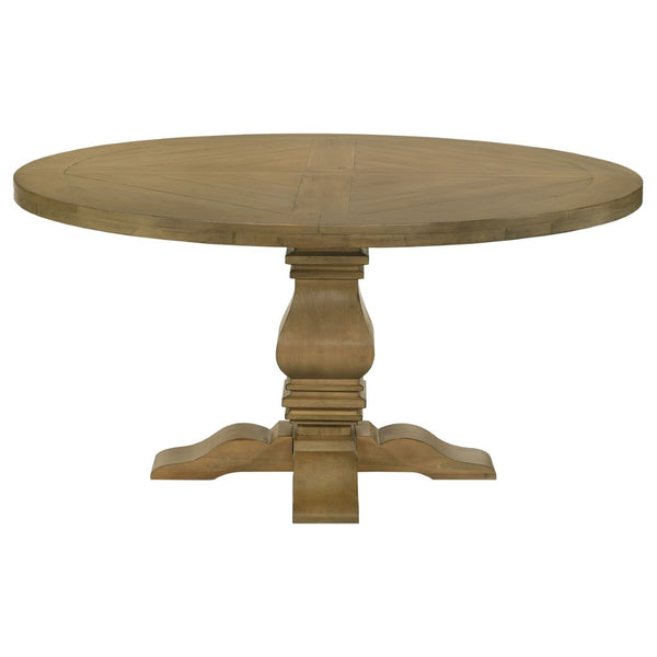 English Elm Rustic Honey Pine Pedestal Round Dining Set Seats Four with Nailhead Chair Trim B062S01830