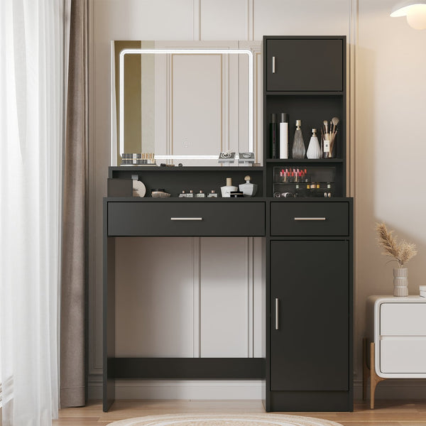 English Elm Vanity Black Dressing Table with LED Mirror, Touch Controls, 3 Lighting Modes, Large Drawer Storage W2386P389996