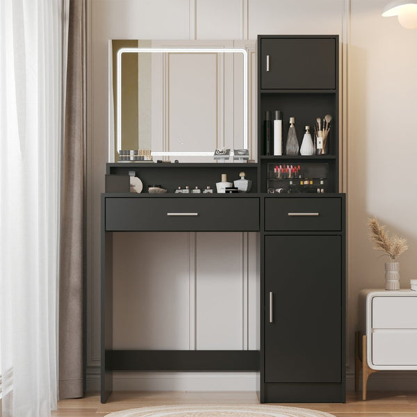 English Elm Vanity Desk With Led Touch Mirror, 3-Level Storage, Adjustable Brightness & Sleek Black Finish W2386P192269-GIGA