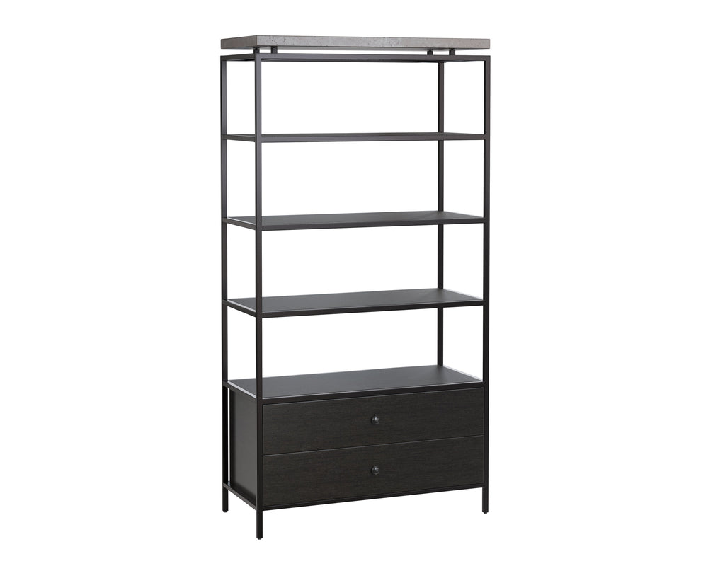 Sunpan Norwood Bookcase: Modern Concrete & Pine Wood Design with Black Metal Frame for Stylish Storage Solutions