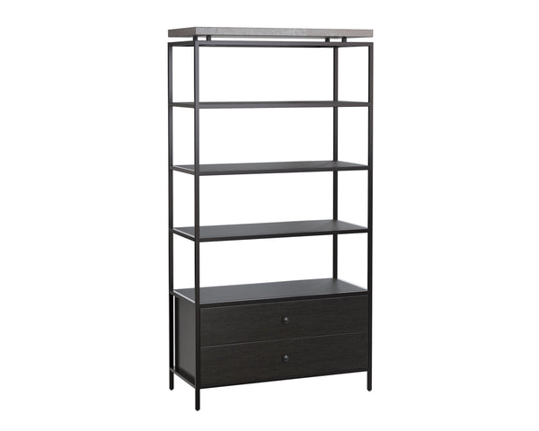 Sunpan Norwood Bookcase: Modern Concrete & Pine Wood Design with Black Metal Frame for Stylish Storage Solutions