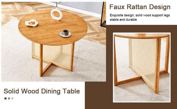 English Elm Chinese Solid Wood Round Table - Rustic Retro Design With Imitation Rattan For Dining & Office Spaces W1151P154825