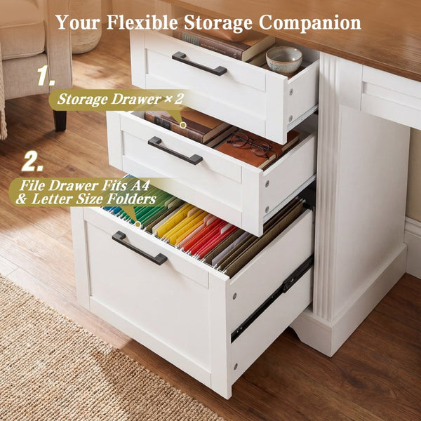 English Elm 59" Fluted Oak L-shaped Corner Desk with Charging Station Monitor Stand and File Storage White W2917S00006