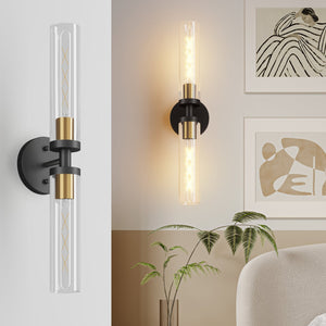 English Elm Wall Modern LED Sconces Set of Two with Clear Glass Shades, Polished Metal Anti-Rust Touch Mount Lighting for Bathroom Mirror Living Room Hallway Bedroom Black+Gold W1340P356899