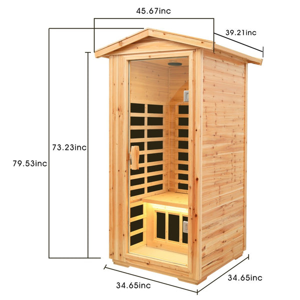 English Elm One Person Outdoor Far Infrared Sauna Aged Fir Wood Spa with Led Audio Panel W632S00013
