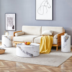 English Elm Modern Minimalist Set Of Three Cylinder Marble-Patterned Mdf Coffee Tables.The Cylindrical Table With Its Patterned Design Can Be Easily Integrated Into A Variety Of Interior Styles.