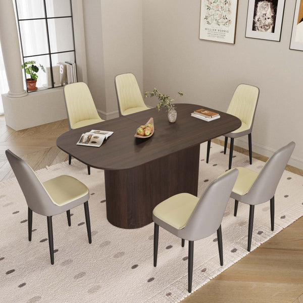 English Elm 63 Inch Mdf Dining Table Set with Six Pu Upholstered Chairs and Black Metal Legs Beige+Brown,Grey W2189S00864