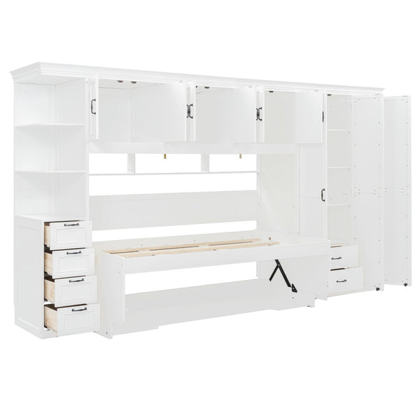 English Elm Twin Murphy Wall Bed with Integrated Desk Wardrobe and Storage Cabinet in White LP000767AAK