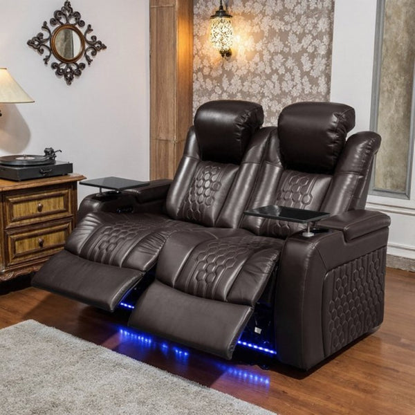 English Elm 62.2"power Recliner Set of 2 Top-grain Nappa Leather Home Theater Seating with Rgb Led Coffee W3819S00099