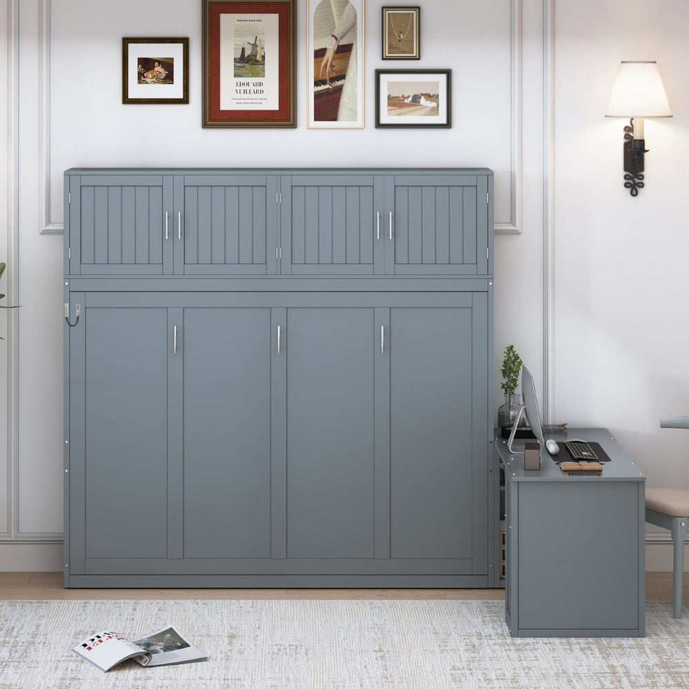 English Elm Queen Murphy Bed with Fold Down Desk Hydraulic Lift Storage Cabinets White N820S10034E-1