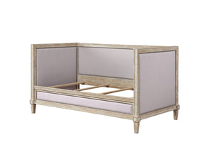 English Elm Beige Padded Linen Twin Daybed with Nailhead Trim, 13-Slat Support & Weathered Oak Tapered Legs B062S00502